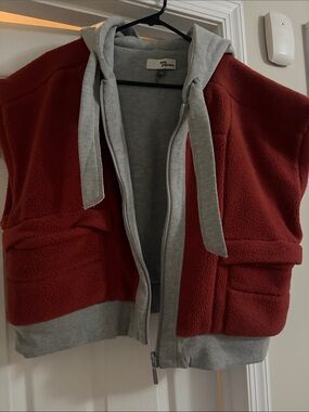Daily Practice Red Sherpa Zip-Front Hooded Vest with Gray Trim